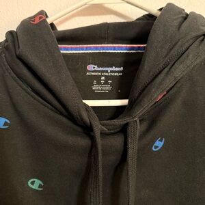 Champion Black Hoodie with Multicolor Logos Women’s size Medium